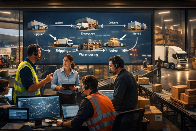 Equipe coordenando processos logísticos integrados em centro de controle com fluxo sincronizado de s