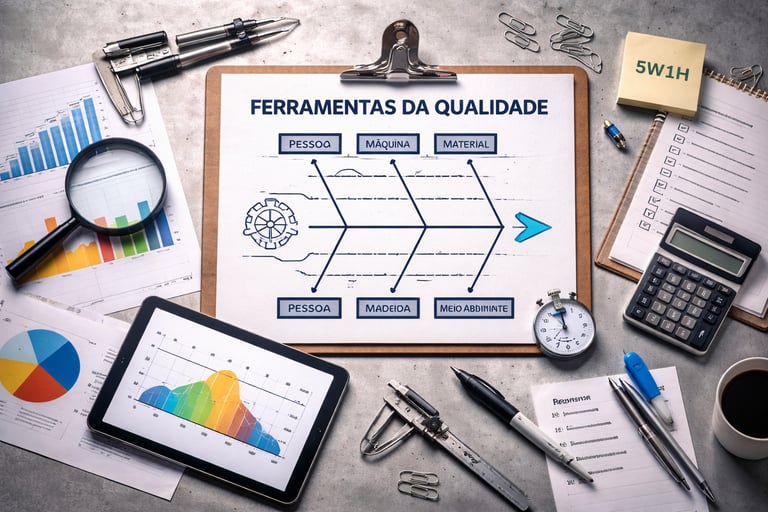 principais ferramentas da qualidade como diagrama de ishikawa gráficos e análise de processos