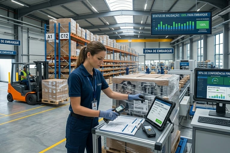 "Funcionária de logística em armazém moderno realizando conferência de dados com tablet e scanner, e