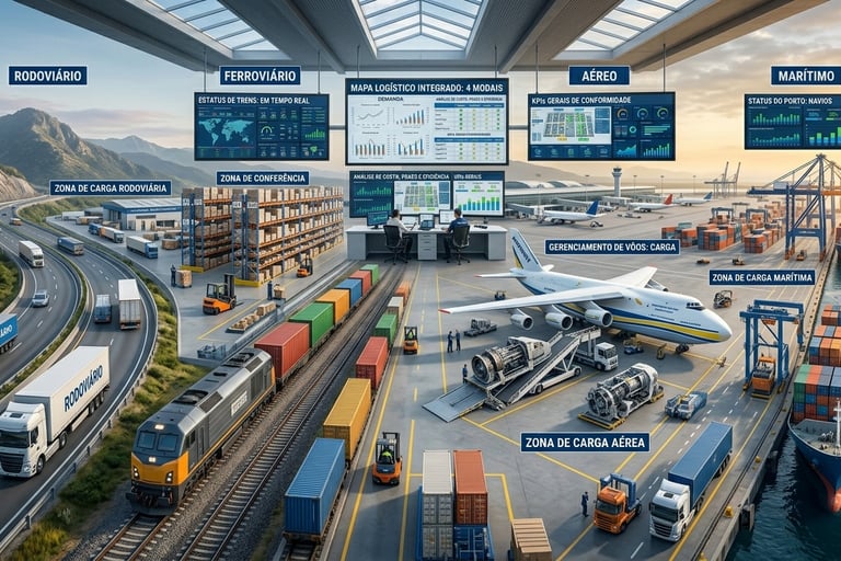 "Infográfico realista dos modais rodoviário, ferroviário, aéreo e marítimo."