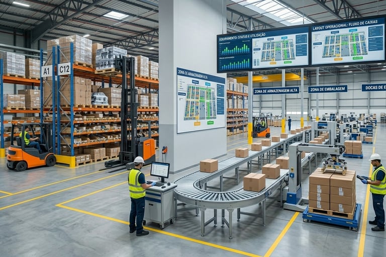 "Equipamentos e layout operacional otimizados em centro logístico moderno."