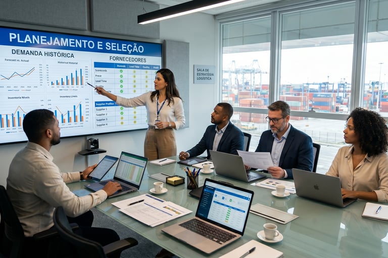 "Equipe de logística em reunião estratégica analisando dados de planejamento de demanda e seleção de