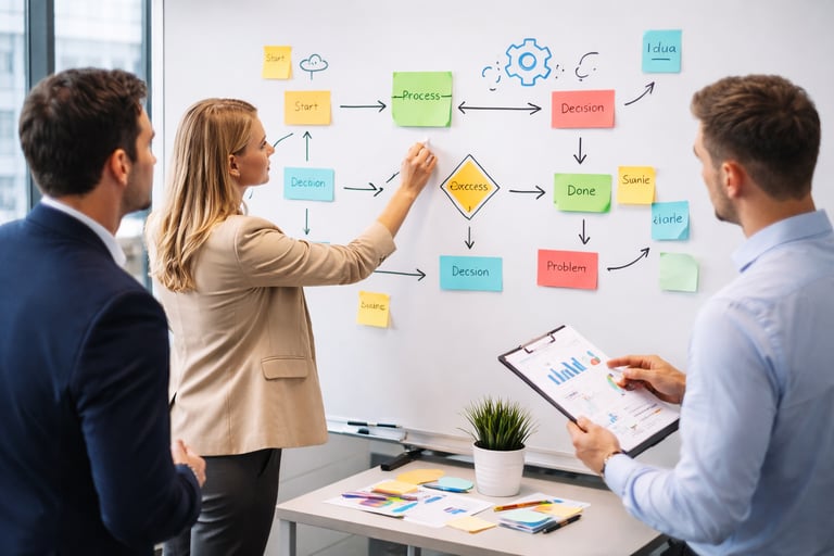 O que é Gestão da Qualidade na prática com equipe desenhando fluxograma de processos