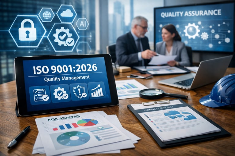 ISO 9001:2026 em ambiente corporativo com análise de riscos, auditoria e gestão da qualidade em escr