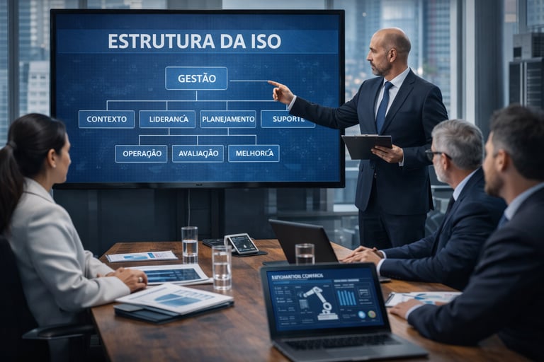Estrutura da ISO 9001:2026 com foco em contexto, liderança, planejamento, operação, avaliação e melh
