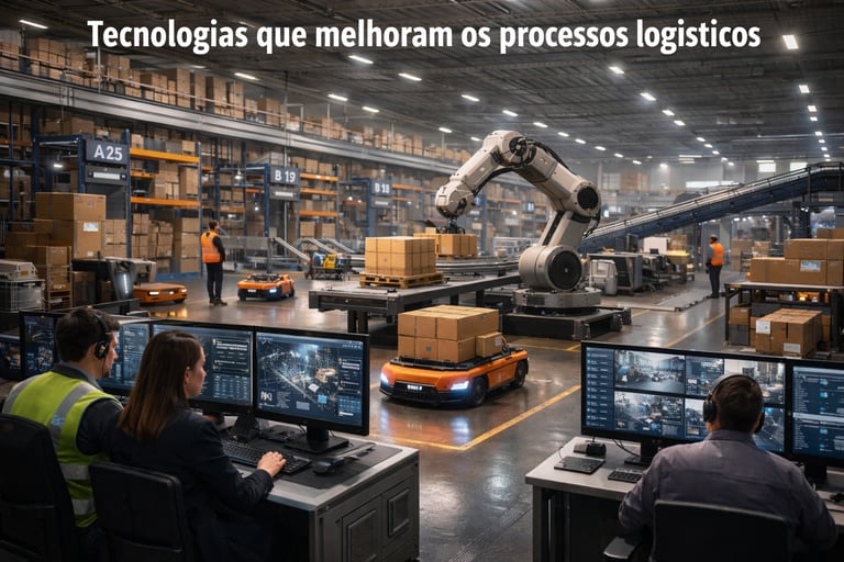 Armazém inteligente com robôs e equipe monitorando processos logísticos em tempo real.