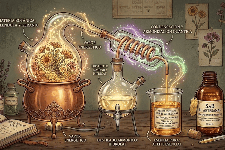 Alambique de cobre tradicional destilando hidrolatos puro por vapor en el taller de S&B El Artesanal