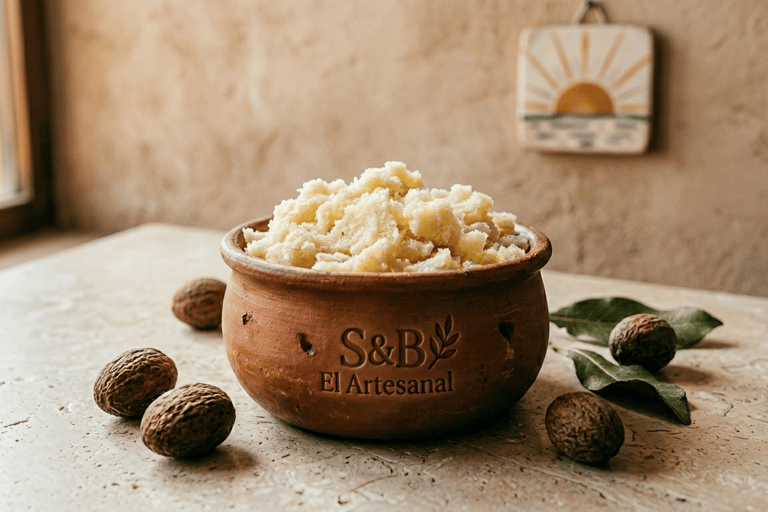 S&B El Artesanal en bol de barro con Manteca de Karité en la mesa con nueces.
