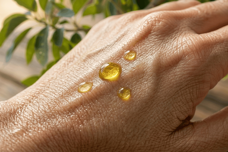 S&B El Artesanal mano con gotas de aceite de aguacate con fondo de hojas