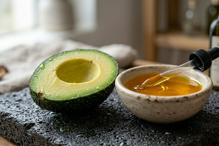 S&B El Artesanal Agacate cortado a lado de un tazón con aceite de aguacate en piedra