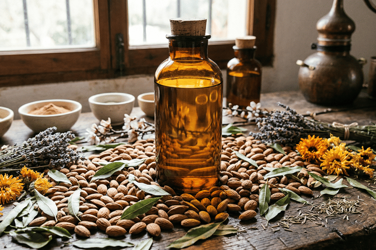 Botella color ambár con semillas de almendra en la mesa de madera con hierbas