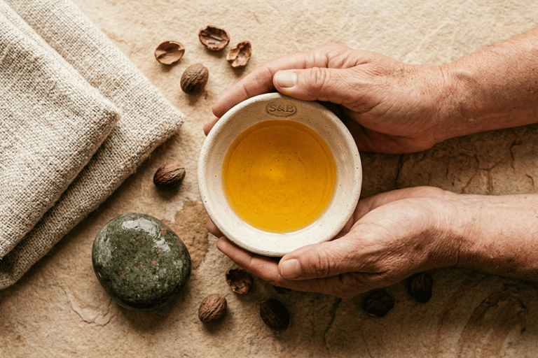 S&B El Artesanal dos manos agarrando una tazón con aceite de jojoba con nueces de jojoba a lado