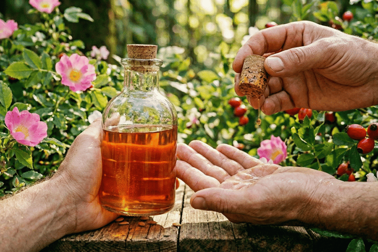 una mano ofreciendo el aceite de Rosa Mosqueta y otras dos manos están aplicando el aceite sobre su mano