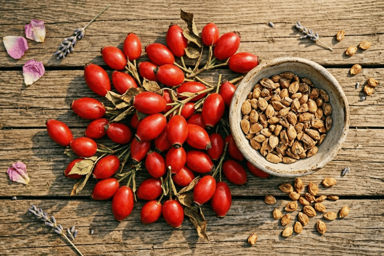 Frutos de Rosa Mosqueta sobre la mesa con semillas en un tazón