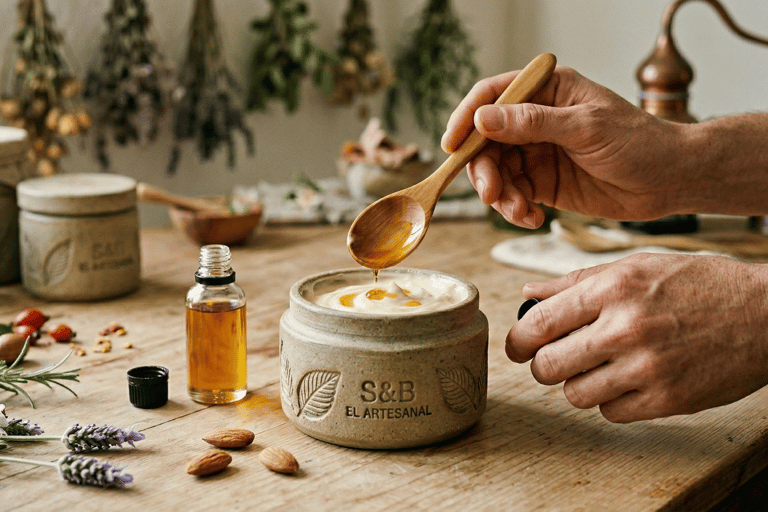 incorporando aceite de almendra a la crema de hidratación  en una mesa de madera