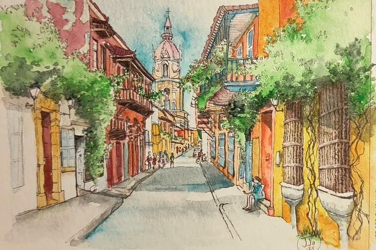 croquis d'une rue de Carthagène des Indes
