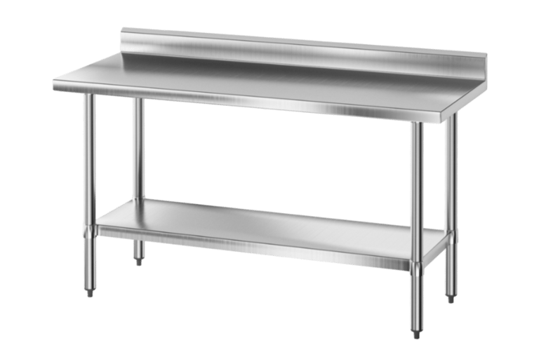 Prosumer grade stainless steel work table with a rear splashback and adjustable bullet feet.