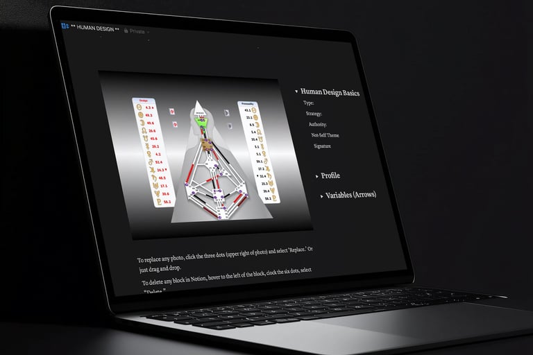 A sleek black laptop displaying a Notion page titled "Human Design Basics," showing a human design chart with activated