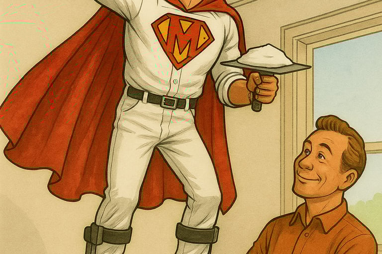 MrWalls on stilts taping and finishing a ceiling with customer standing on admiring the work