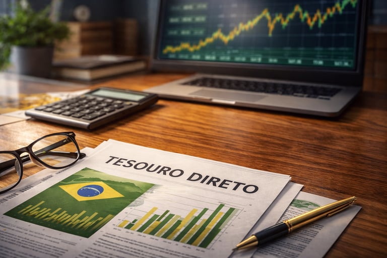 Imagem de mesa de trabalho com documentos financeiros e gráfico em laptop, representando investimento em Tesouro Direto.