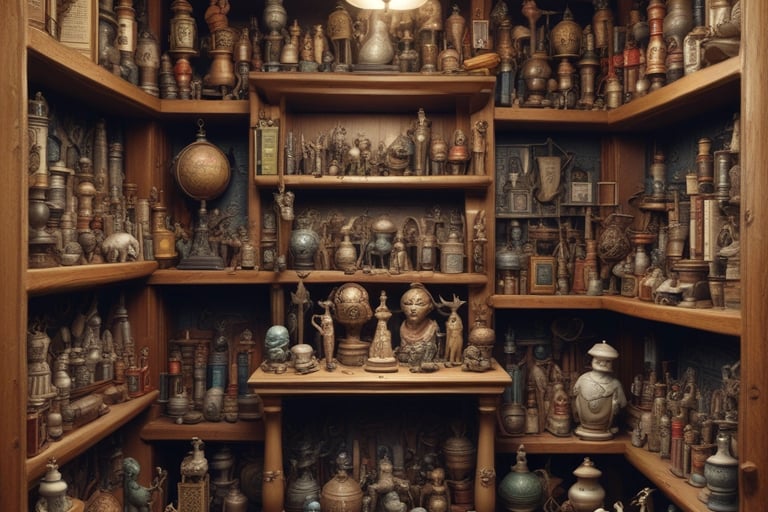 a room with strange items, oddities and curiosities