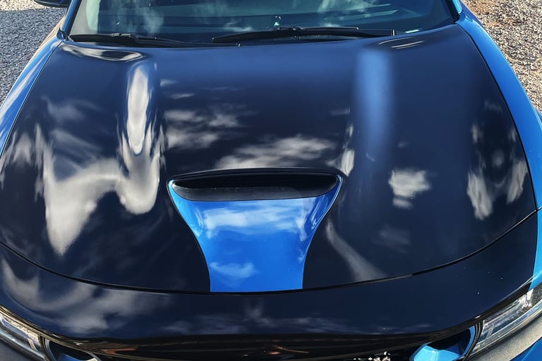 Gloss black hood wrap on a Dodge Charger, Las Cruces, NM. www.elitecarwrapsinlc.com