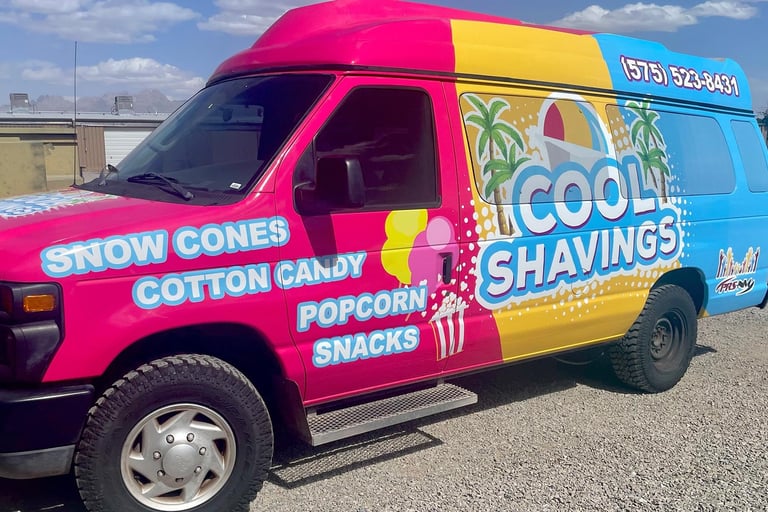 An eye catching custom van wrap, for a snow cone company in Las Cruces, NM.