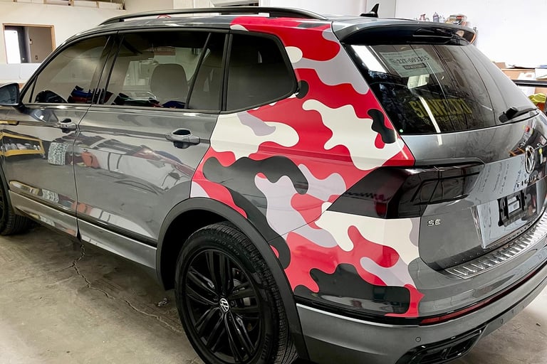 Glossy camo print for a partial wrap on a VW SUV in Las Cruces, NM.