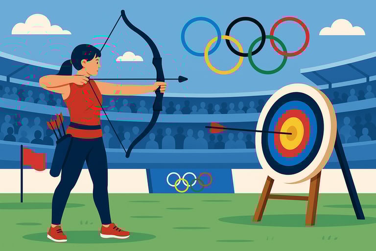 Olympic-style archery illustration with athlete silhouette shooting at target in stadium.