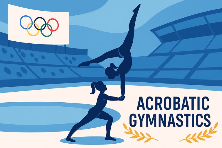 Olympic-themed landscape illustration showing acrobatic gymnastics silhouettes performing balance an