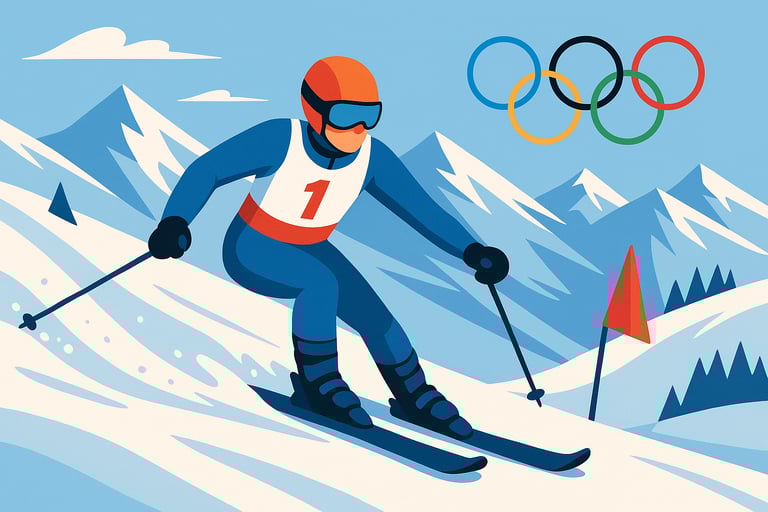 Olympic-themed landscape illustration of a skier figure racing downhill on snowy mountains with gate