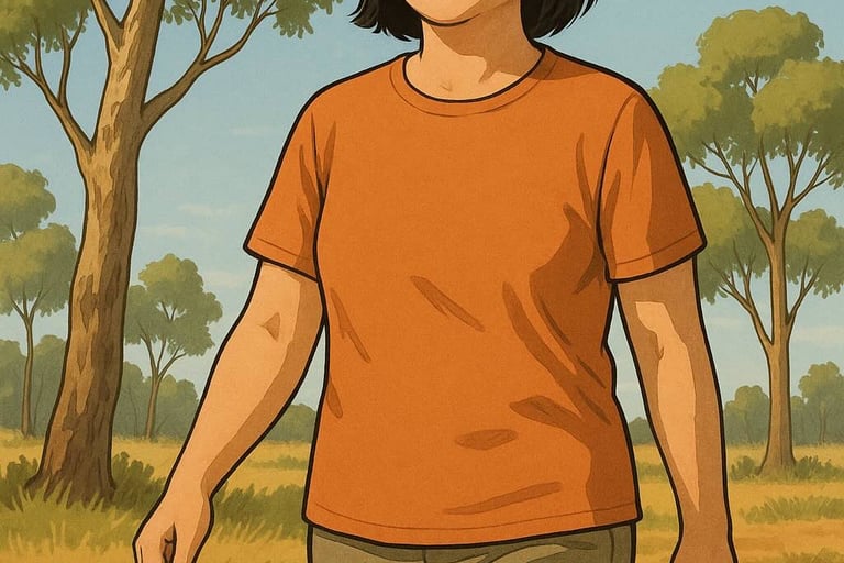 人们在桉树和红土之间散步。