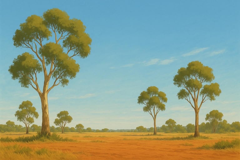 Northern Mallee landscape with gum trees and blue sky.