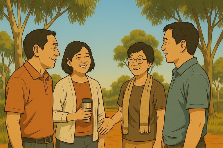 Chinese-Australian adults chatting under gum trees in bright Robinvale morning, calm smiles, ochre soil, blue sky.