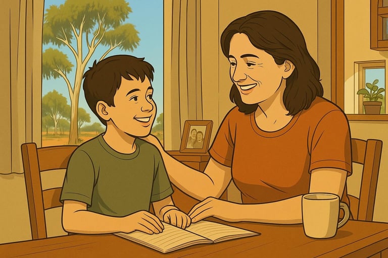 Italian-Australian mother praising son at kitchen table in Robinvale, gum trees outside, warm morning light, calm smiles.