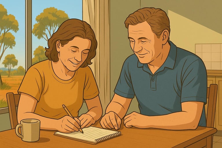 Italian-Australian couple planning at kitchen table in Robinvale, gum trees outside, warm morning light, calm teamwork.