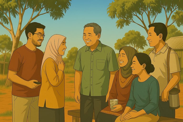 Malay adults greeting politely in Robinvale, respectful nods and smiles, gum trees, ochre soil, calm morning light.