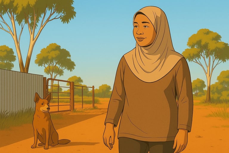 Malay woman walking calmly near Robinvale farm gate, gum trees and dog nearby, bright blue sky and warm morning light.