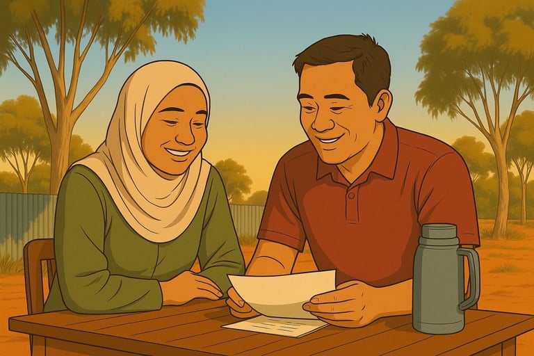 Malay couple smiling over notes outdoors in Robinvale, gum trees and red soil behind, calm focus in warm light.