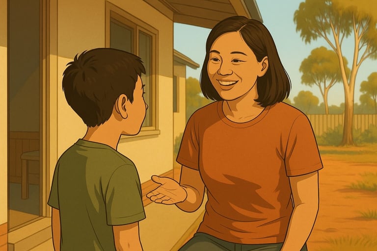 Vietnamese mother praising her child outside their Robinvale home in bright morning light, gum trees and red soil behind.