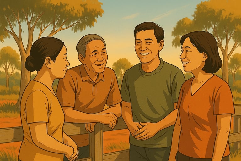Vietnamese adults talking by a wooden fence in warm afternoon Mallee light, gum trees and red soil creating a friendly scene