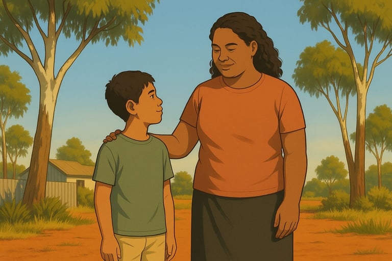 Tongan parent and child smiling near Murray River in Robinvale, gum trees and ochre soil, calm morning light.