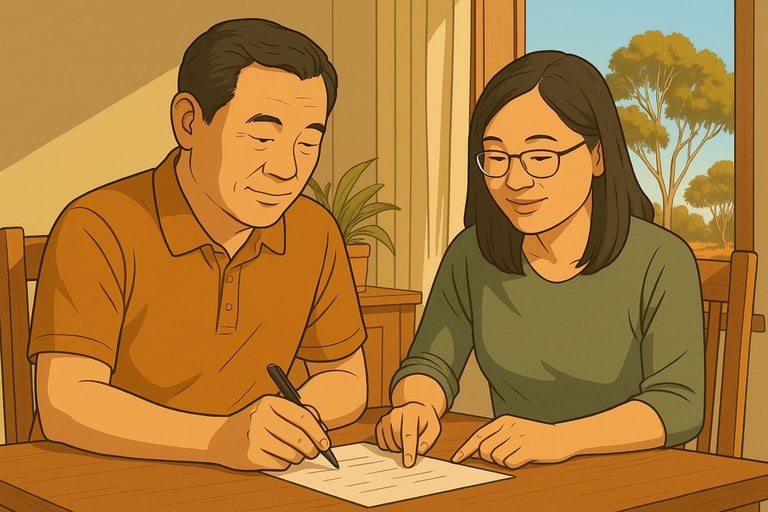 Mandarin-speaking couple planning together at a table in a bright Robinvale home, morning light, gum trees outside.