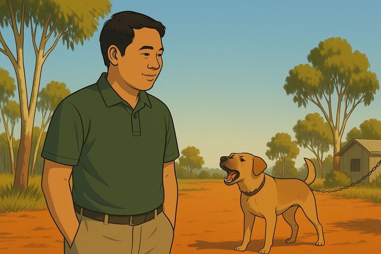 Vietnamese man calmly standing near a barking dog in bright morning light with gum trees and red soil.