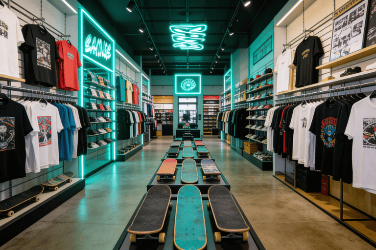 Skate shop interior featuring skateboards on display and rows of graphic t-shirts under green neon lights.