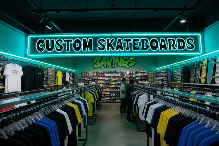 Inside a skate shop featuring a neon custom skateboards sign, clothing racks, and wall-mounted decks.