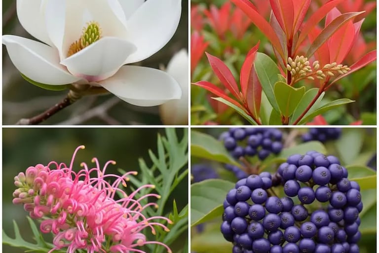 Collage de plantas especiales: flor de Magnolia, brotes de Fotinia, flor de Grevillea y bayas de Callicarpa.