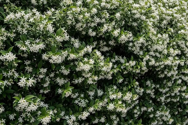 Seto de Jazmín estrellado en plena floración. Aroma del verano