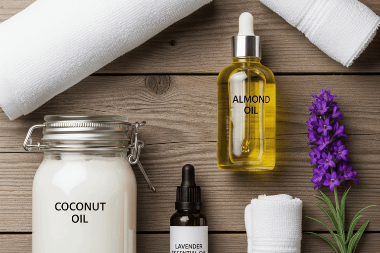 Massage oils including coconut, almond, and essential oils with spa setup
