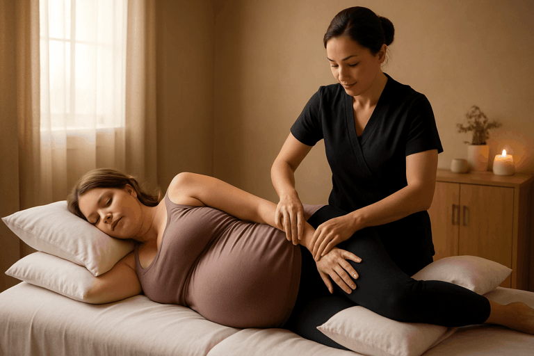 Pregnant woman supported by pillows receiving safe prenatal massage